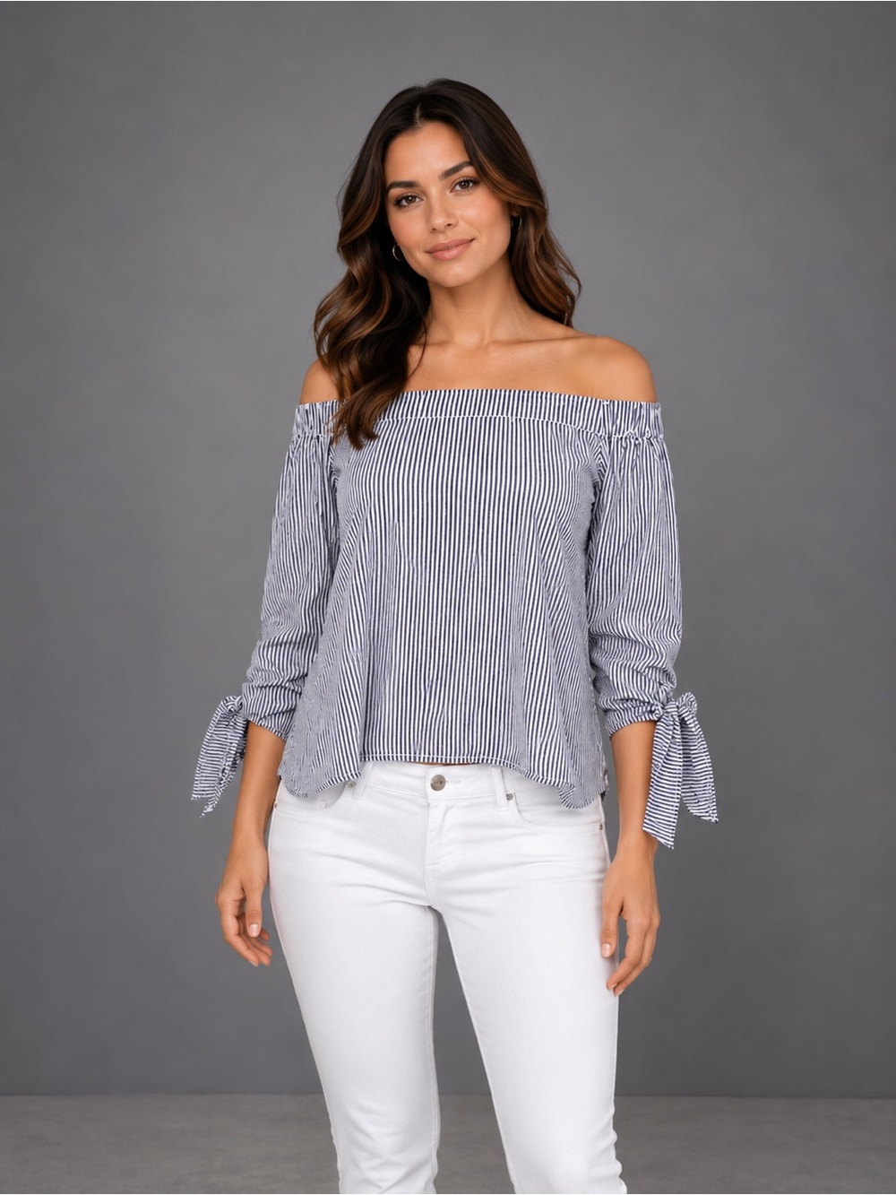 Striped Off-Shoulder Tie-Sleeve Top - Blue/White